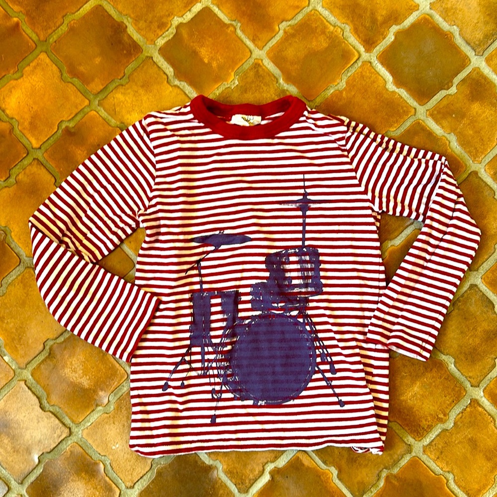 Mini Boden size 5-6Y red and white striped cotton T-shirt drum purple